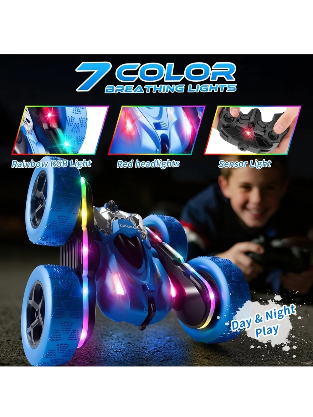 NEW Zalneo Blue 4WD 360° Flip RC Stunt Car LED Lights Remote Control